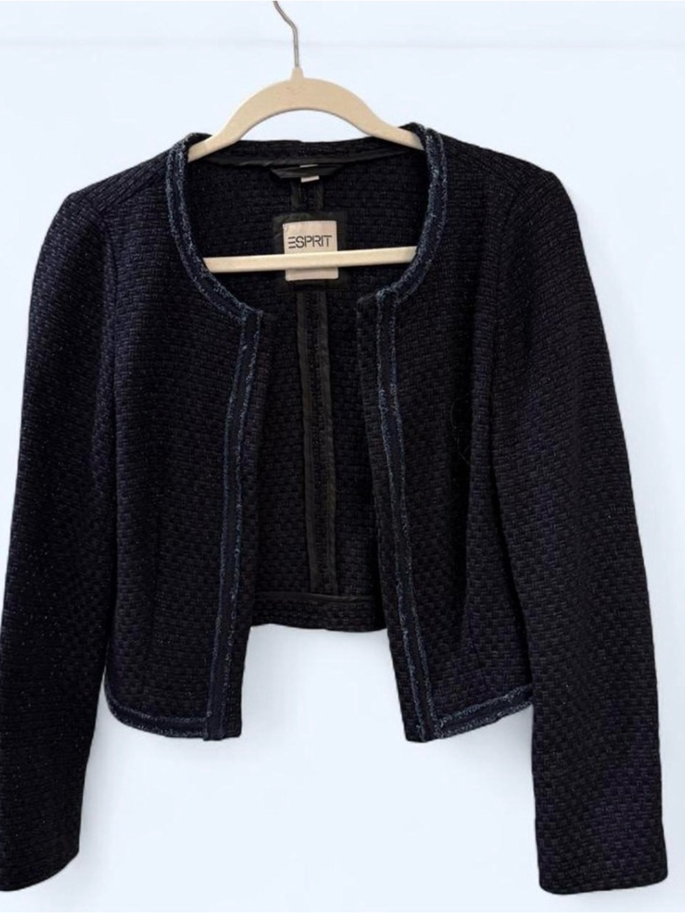 Esprit Women's Black Cropped Open-Front Tweed Jacket